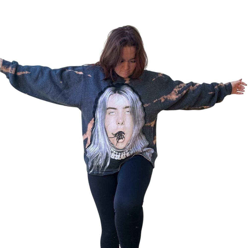 Billie Eilish Upcycled Bleach Dyed Crewneck Sweatshirt Size L One of a Kind OOAK